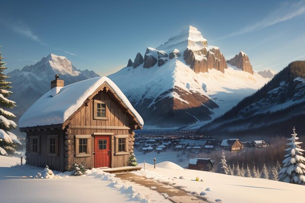 En invierno, el techo de la casa de madera al pie de las montañas nevadas está cubierto de nieve espesa