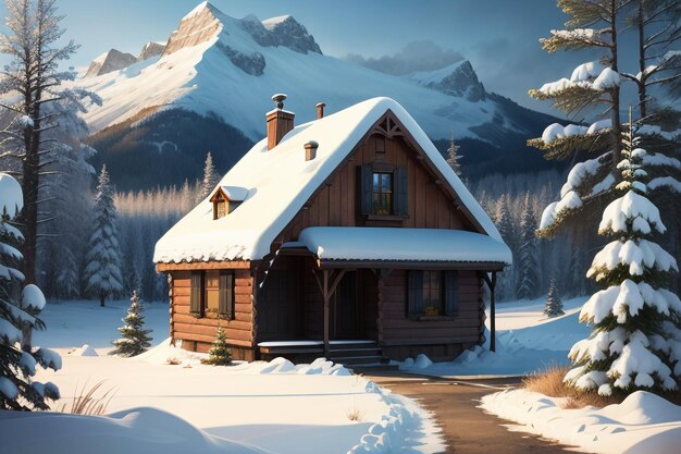 En invierno, el techo de la casa de madera al pie de las montañas nevadas está cubierto de nieve espesa