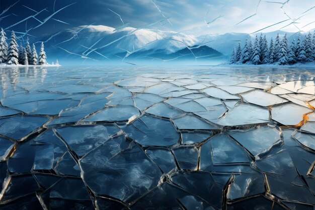 Foto los inviernos se apoderan de un lago helado, hielo azul agrietado y colinas cubiertas de pinos