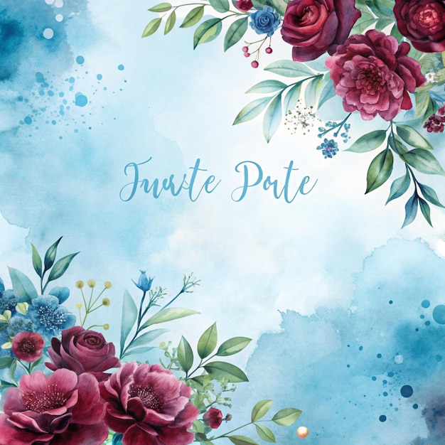Invitação floral a aquarela com salpicos azuis