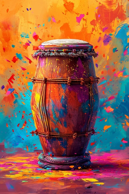 una invitación 3D Holithemed con una simple ilustración de un tambor de dholak adornado con colores festivos