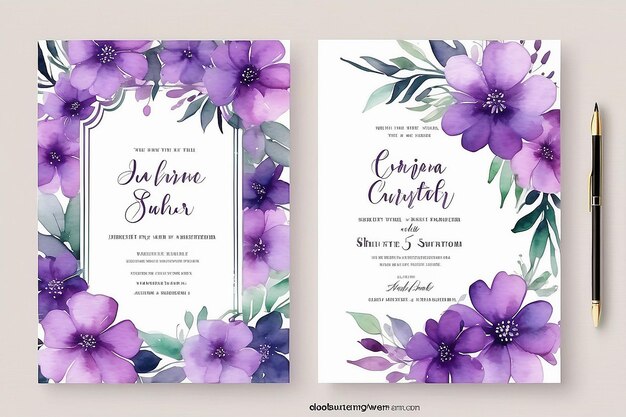 Invitación de boda con acuarela de flores púrpuras