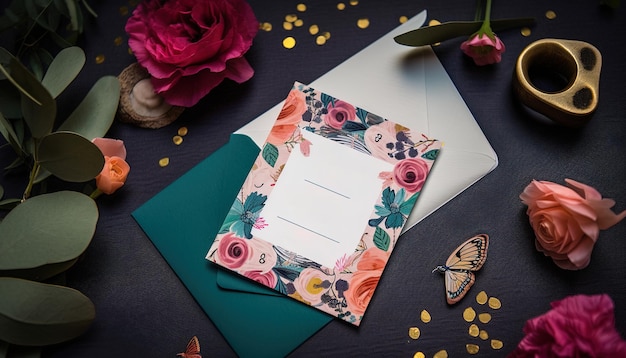 Invitación de boda caprichosa rosa y amarilla con ilustraciones florales