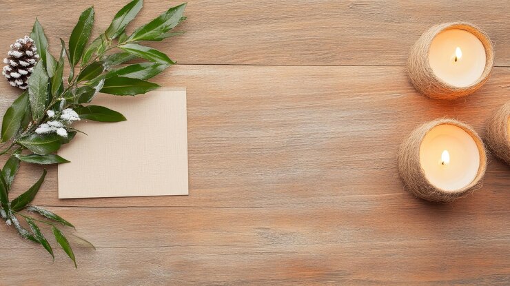 Invitación de boda para una ceremonia navideña colocada en una mesa de madera antigua con una ramita de muérdago y una cálida vela