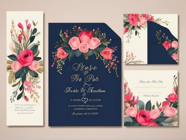 una invitación de boda con un diseño floral en ella y un sobre a juego