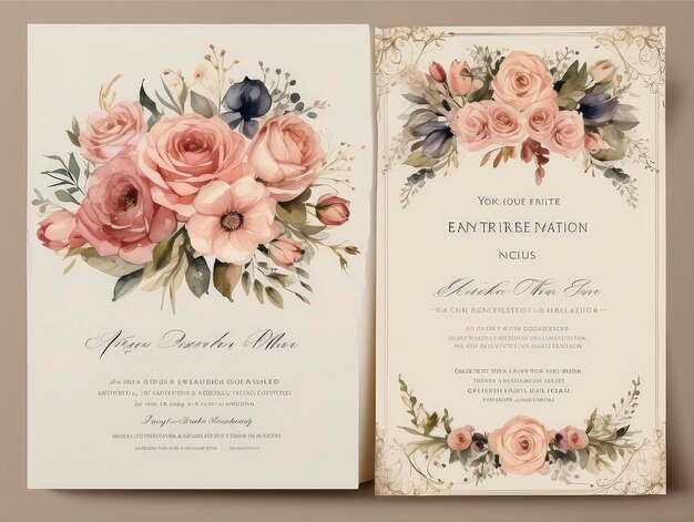 una invitación de boda con un diseño floral y una tarjeta a juego