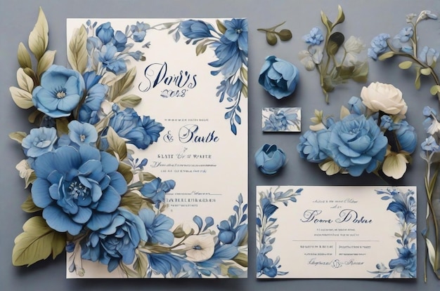 Foto invitación de boda con flores azules