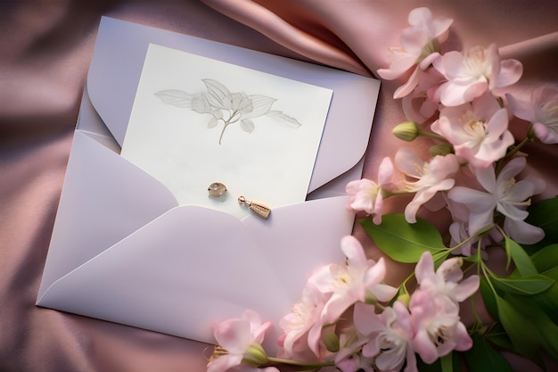 Invitación de boda con flores sobre fondo rosa
