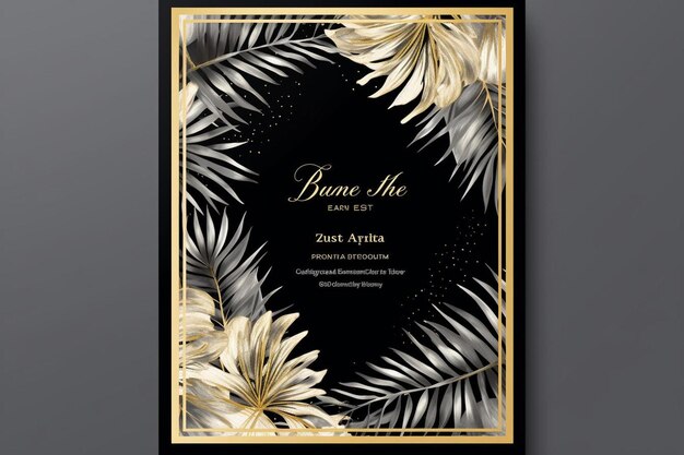 invitación de boda con hojas de palma oro negro