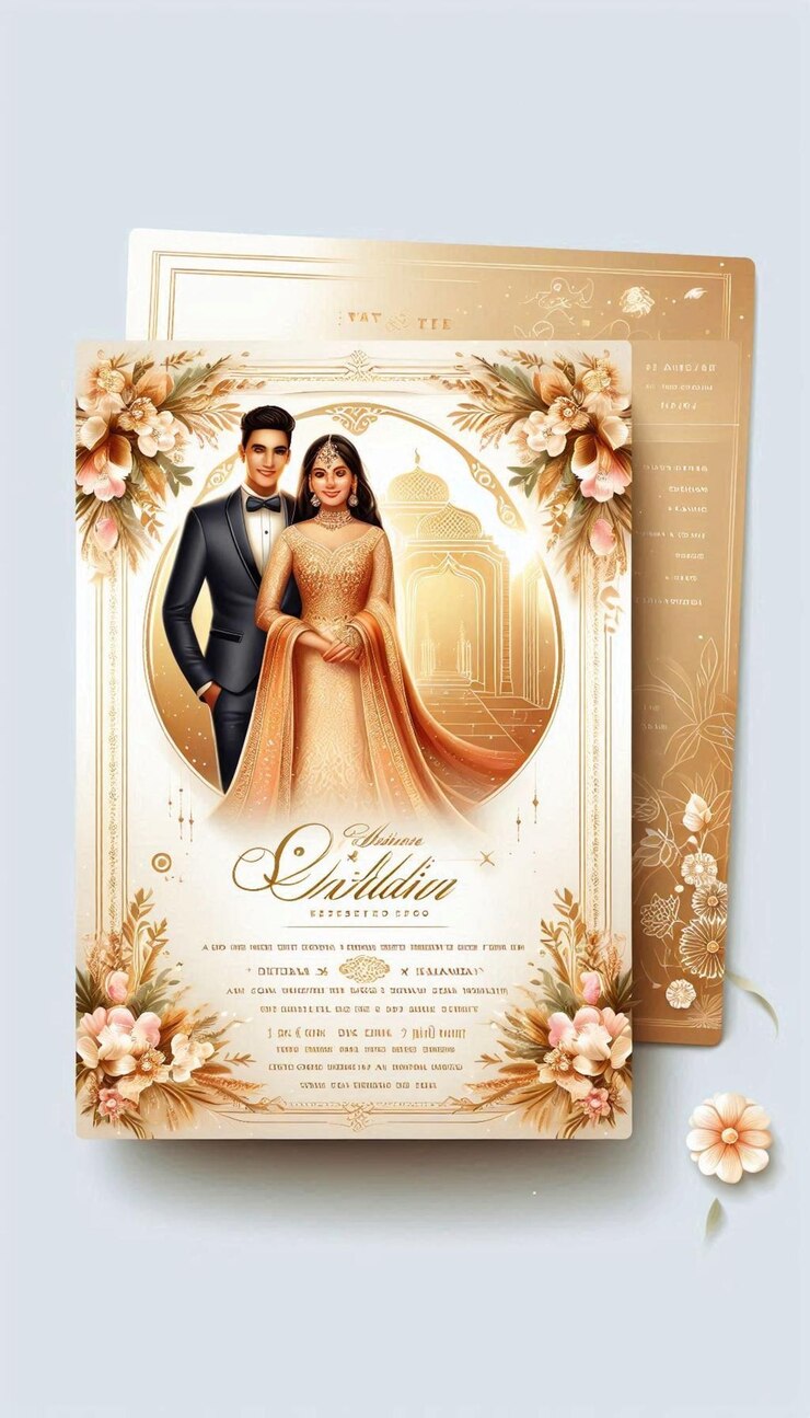 una invitación de boda con una novia y un novio en la parte superior