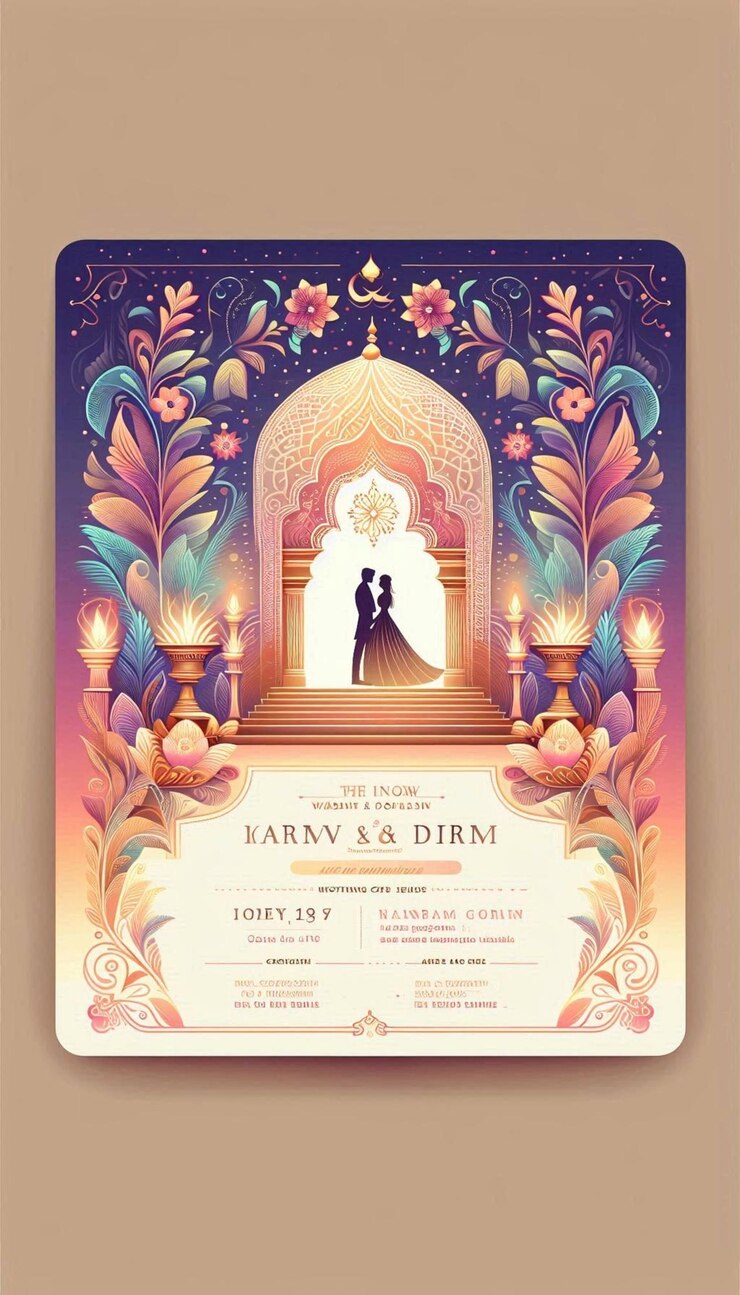 una invitación de boda con una novia y un novio en la parte superior