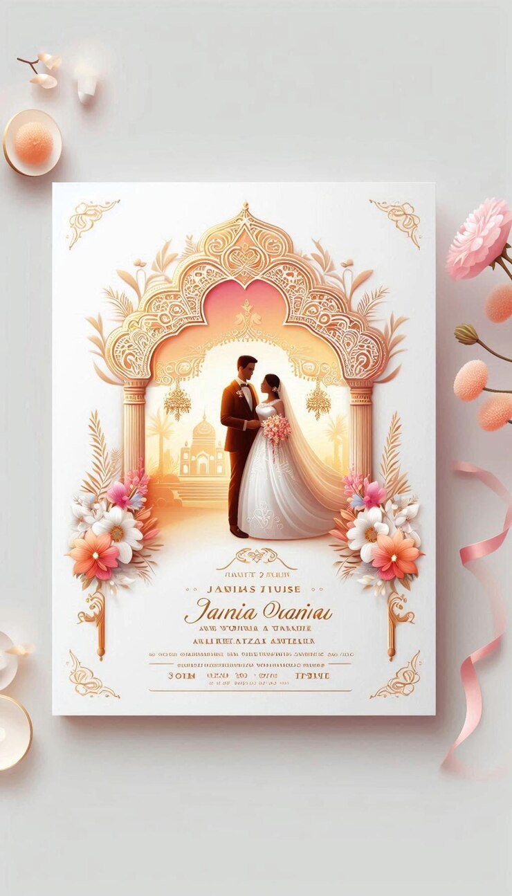 una invitación de boda con una novia y un novio en la parte superior