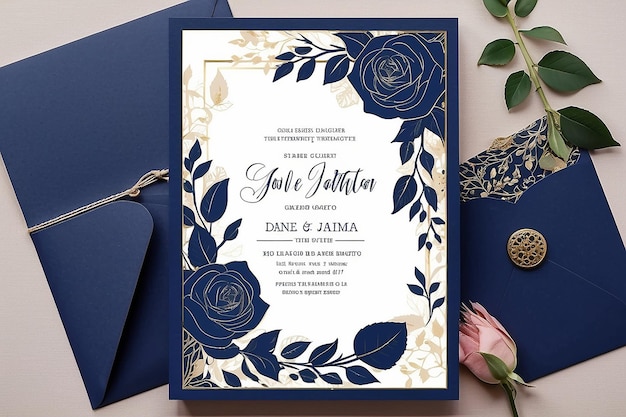 Invitación de boda con rosas y hojas azul marino