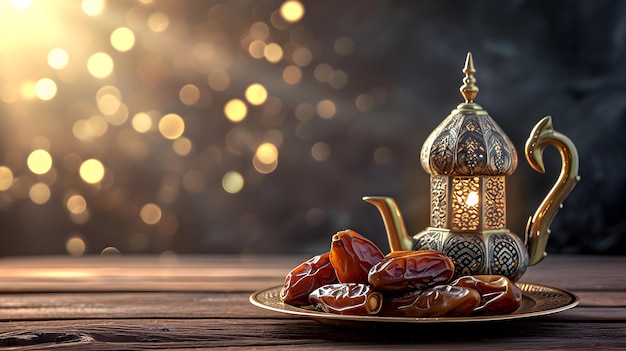 Invitación a la cena de iftar del mes sagrado de Ramadán copia de la pancarta espacial con linterna y fechas