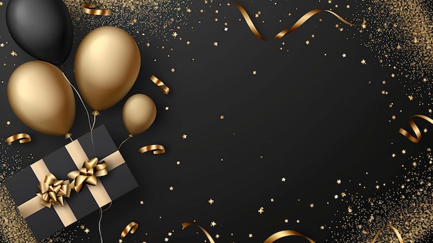 invitación con confeti de globo y caja de regalo diseño elegante con oro y negro Generative Ai