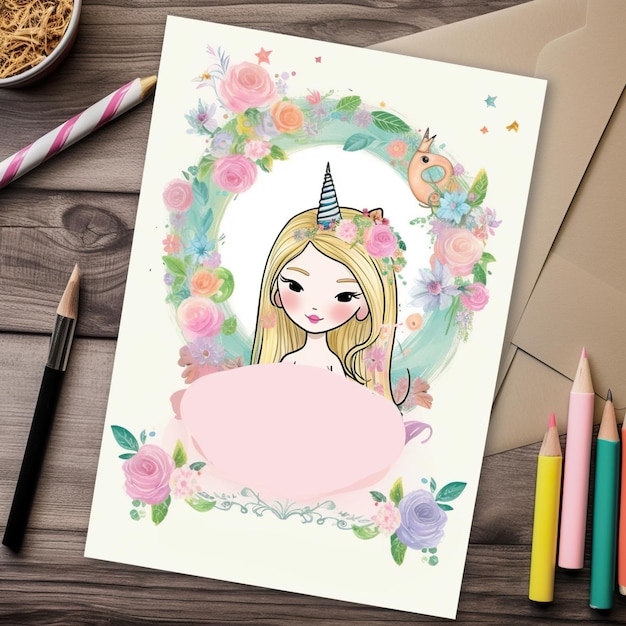 Invitación de cumpleaños generativa de IA con una niña unicornio