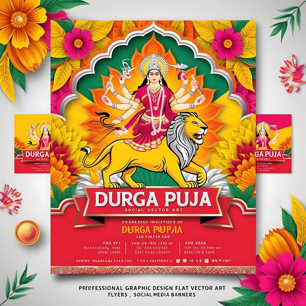 Invitación de Durga Puja Diseño vectorial plano con elementos festivos