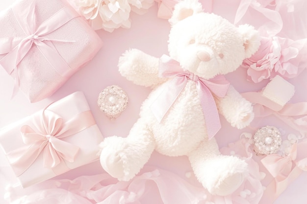 Invitación a la fiesta del bebé con un pequeño oso de peluche pastel rosa y estrellas blancas