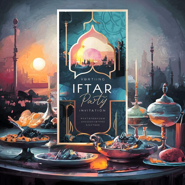 Invitación a la fiesta de iftar con acuarela vectorial vertical