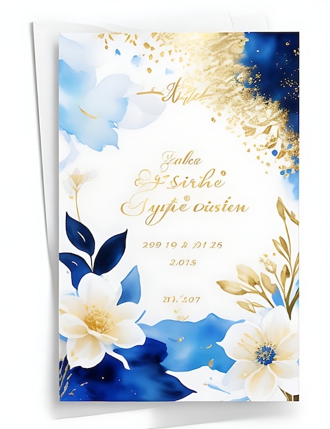 Invitación Floral Celestial Dorada y Azul