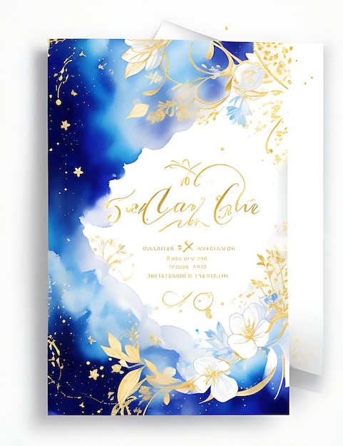 Foto invitación floral celestial dorada y azul