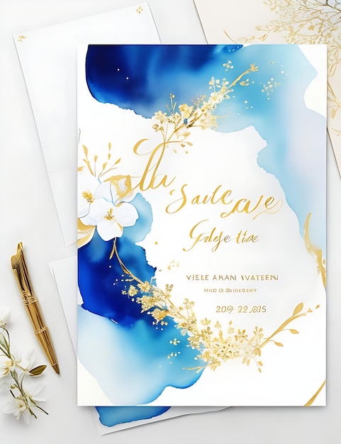 Invitación Floral Celestial Dorada y Azul