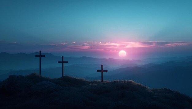 Foto una invitación con una representación minimalista en 3d de tres cruces siluetadas contra un cielo oscuro