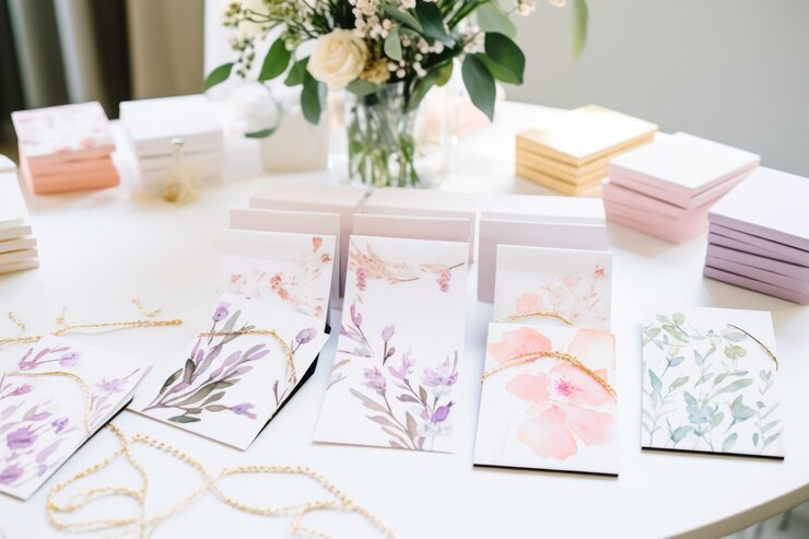 Invitaciones de despedida de soltera dispuestas sobre una mesa blanca
