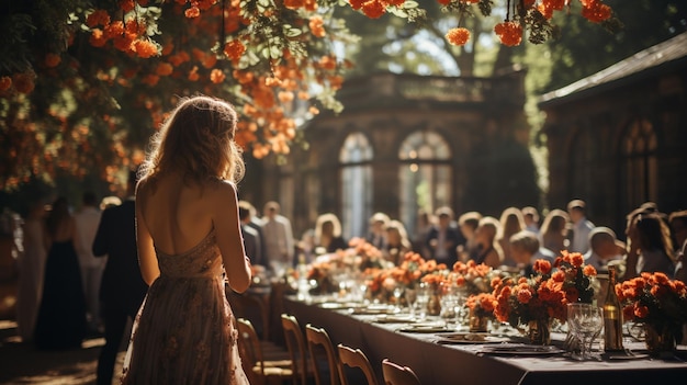 Invitados a la boda celebrando en un hermoso lugar al aire libre en un día soleado Ai generativo