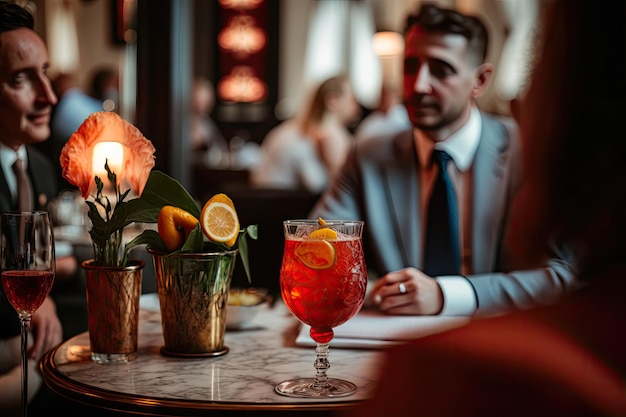 Los invitados se sientan a la mesa en el restaurante y beben un cóctel negroni rojo brillante