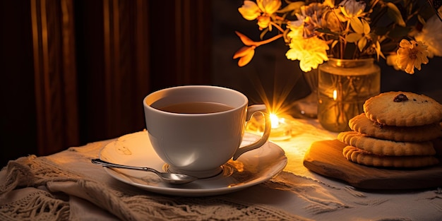 Invitando a la preparación del té con una taza de galletas de té y una vela encendida en una mesa con un telón de fondo cálido
