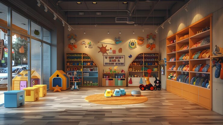 Foto invitando uma loja de brinquedos moderna com mercadorias cuidadosamente dispostas para crianças e famílias