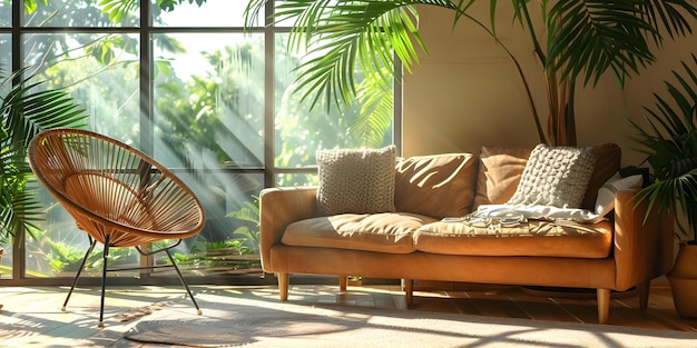 Invitante habitación iluminada por el sol con sofá acogedor y silla elegante el lugar perfecto para relajarse y tomar el sol en la luz natural concepto habitación iluminada al sol sofá confortable silla elegante relajación luz natural