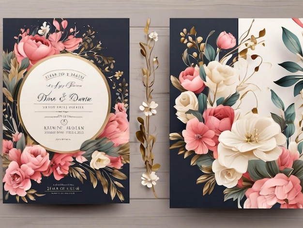 Invitatoria de boda plantilla de tarjeta floral de lujo con rosas anémonas y hojas ramo de novia RSVP Guarde la fecha diseño de tarjeta de menú marco dorado geométrico tarjeta de felicitación diseño vectorial elegante