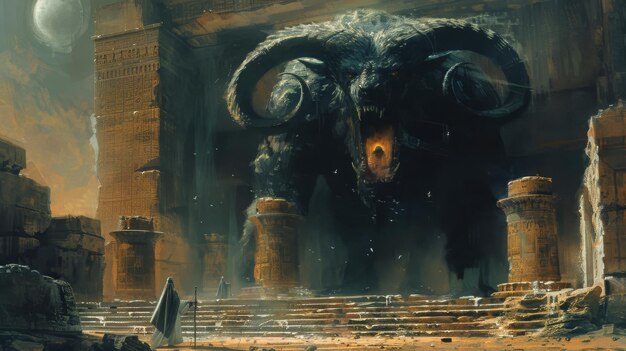 Invocación de una bestia mítica en un antiguo templo