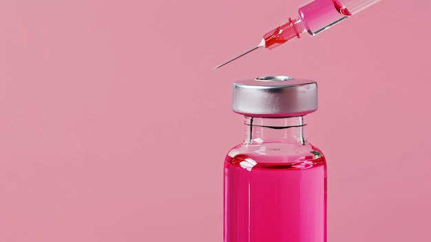 Foto una inyección de vitamina b12 en un líquido rosado en una botella de vidrio