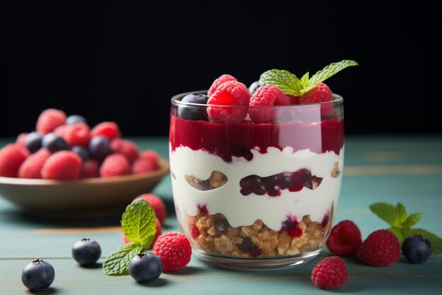 Iogurte caseiro delicioso e saudável com framboesa, mirtilo e granola