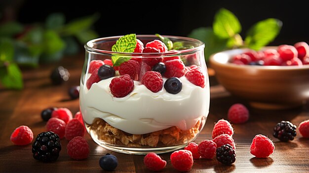 Iogurte com frutas Comida saudável e café da manhã em uma mesa de madeira