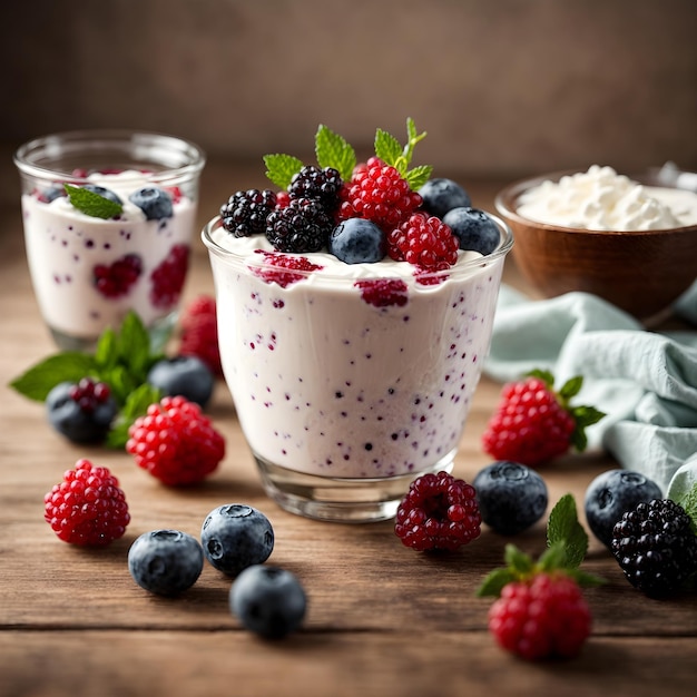 Iogurte Com Frutas Na Mesa De Madeira