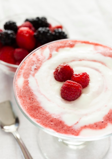 Iogurte congelado com molho de frutas vermelhas e frutas cruas.