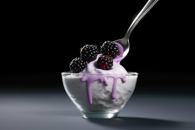 Iogurte de amora uma colher de iogurte cremoso de amora IA geradora