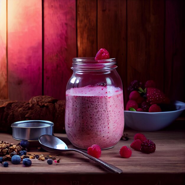 Foto iogurte de bagas rosa em frasco de vidro e aveia na mesa de madeira pequeno-almoço saudável com muesli