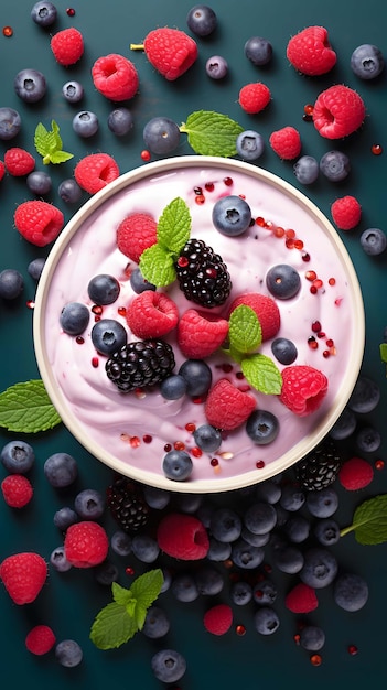 Iogurte de frutas frescas com frutas silvestres e hortelã