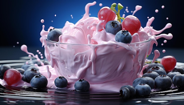 Iogurte de mirtilo com frutas frescas em tigela de vidro sobre fundo azul escuro