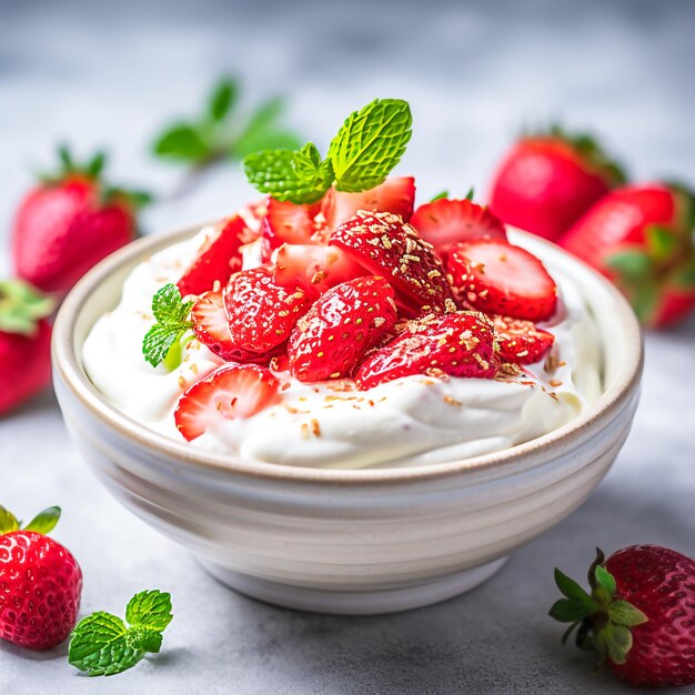 Iogurte em copo com sobremesa de morango fresco