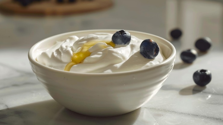 Foto iogurte grego cremoso com mirtilos frescos e mel em uma tigela branca para um delicioso pequeno-almoço ou lanche saudável