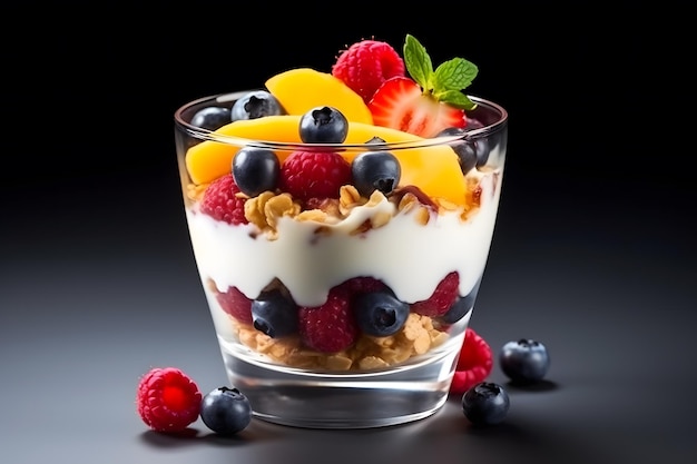 Iogurte natural de café da manhã saudável com frutas frescas e muesli Rede neural gerada por IA
