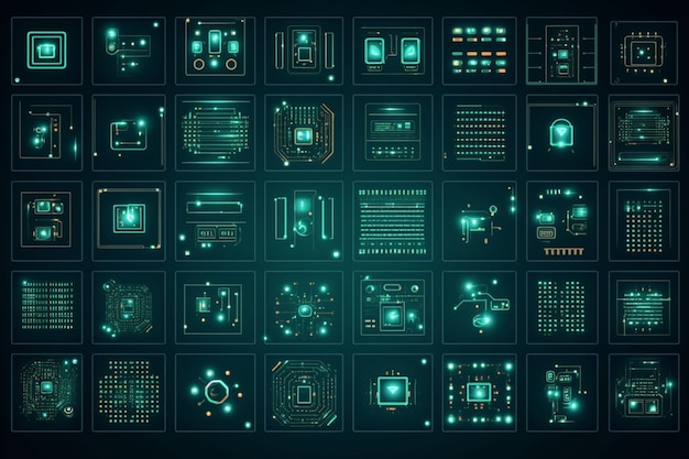 IOT AI BIG DATA MICROCHIP Conjunto de iconos vectoriales Internet de las cosas Datos de inteligencia artificial Micro Cir