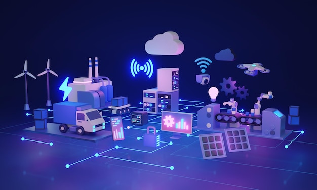 IOT industrial o internet de las cosas para el concepto de ilustración 3D de fábrica