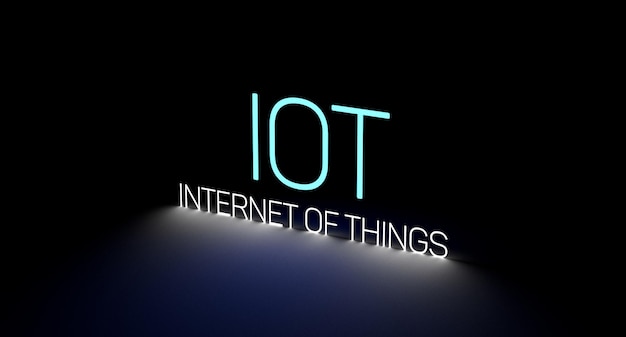 IOT Internet de las Cosas texto de neón inscripción brillante IOT concepto pancarta renderización 3D